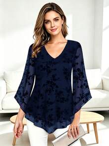 CheersLife Women's Elegant V-Neck Double-Layer Elastic Mesh Casual Flowy Work Blouse With Ruffle Trim And 3/4 Bell Sleeves - Royal Blue - View 1