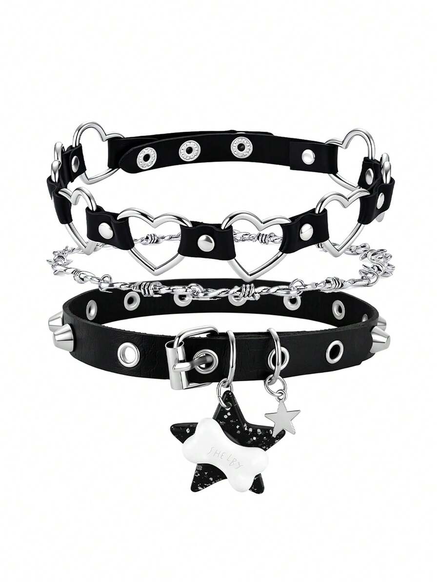Yanxyad Punk PU Leather Choker Necklace Set, Hollow Heart Star Bone Pendant, Adjustable Gothic Y2K Collar Jewelry For Women - Black - View 1
