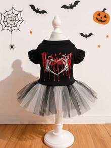 LUCKIE PAW 1pc Halloween Skeleton Heart Pattern Pet Dress, Anti-Flea, Reduce Shedding, Insulated & Breathable, Suitable For Small And Large Dogs And Cats, Indoor And Outdoor - Black - View 1