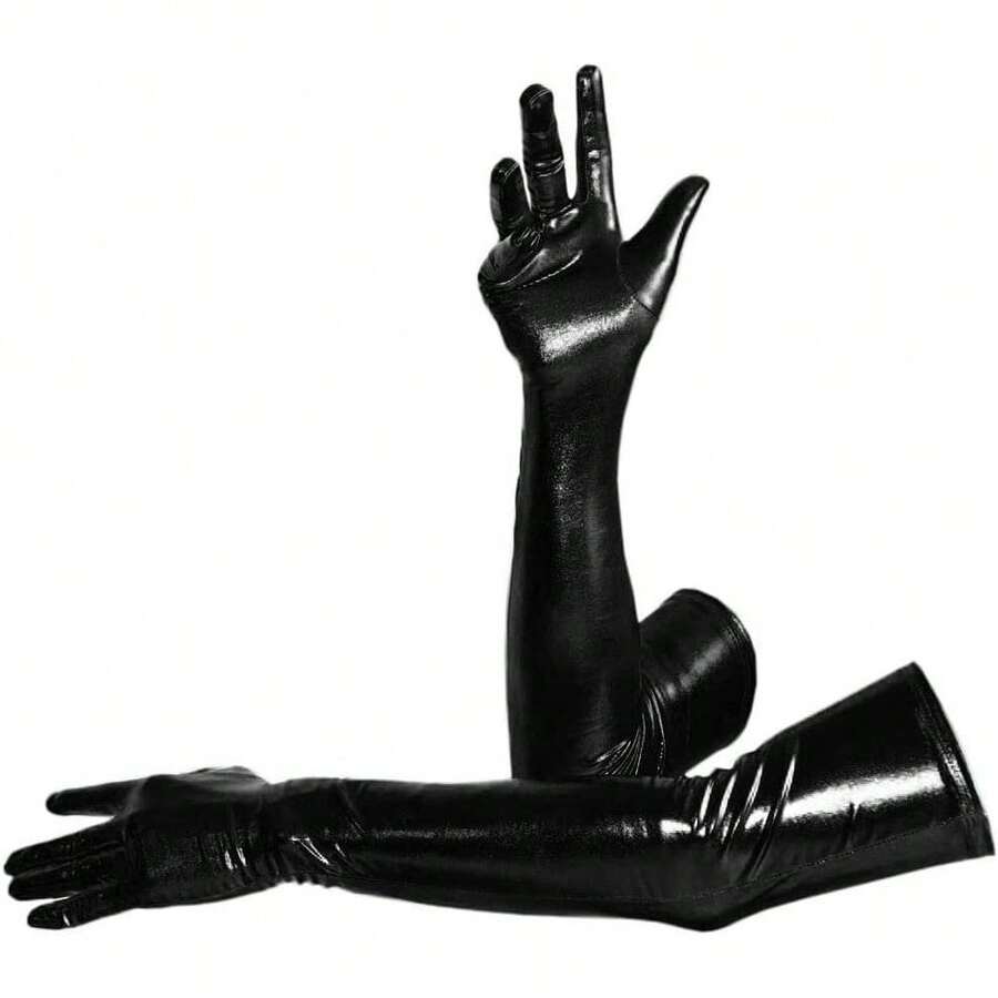 Seeksmile Unisex Shiny Metallic Spandex Gloves Adult Long Halloween Costume Hand Glove - Gold - View 1