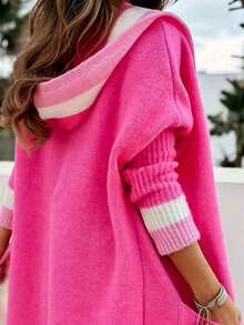 Plus Size Women 2026 Must Have Fall Winter Hooded Long Cardigan,Long Sleeve Color Block ,Fashion Chic Daily GoingOut - Hot Pink - View 2