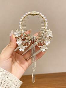 1pc Premium Butterfly Tassel Hair Clip For Women, Pearl Flower Rhinestone Hair Accessory, Elegant Luxury Updo Hair Clip - Multicolor - View 5