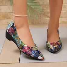Women's New Autumn Slip-On Wedge Heel Thick Sole Fashion Low Vamp Pumps Floral Pattern Shoes - Green Flower - View 9