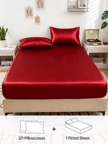 2/3 Piece Luxury Satin Bed Sheet Set, Includes 1 Deep Pocket Fitted Sheet And 1/2 Pillowcases - 100% Polyester, Solid Color, Silky Smooth, Suitable For All Seasons - Machine Washable - Suitable For Home And Hotel, Red - Red - View 2
