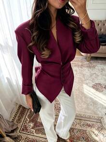 Black Stand Collar Ruffle Trim Blazer, Slim Fit Waist, French Elegant Commuter Style - Burgundy - View 4