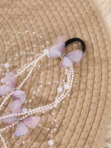 1pc Fairy Purple Butterfly Pearl Long Tassel Hair Tie, Heavy Beaded Chain Hair Rope, Girl Atmosphere Hair Elastic Band, Wedding Party Hair Accessory - Multicolor - View 5