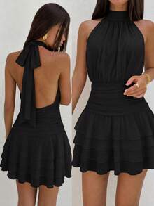 Faeriesty Elegant Black Halter Neck Backless Mini Dress With Layered Ruffle Design, Suitable For Summer Parties, Beach Vacations, Holiday Celebrations And Graduation Weddings - Black - View 2
