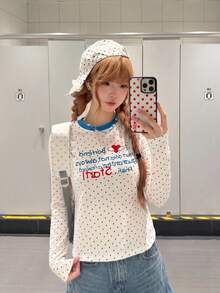 Casual Cute All-Over Polka Dot Colorblock Long Sleeve Women's Top Autumn Base Layer - White - View 3