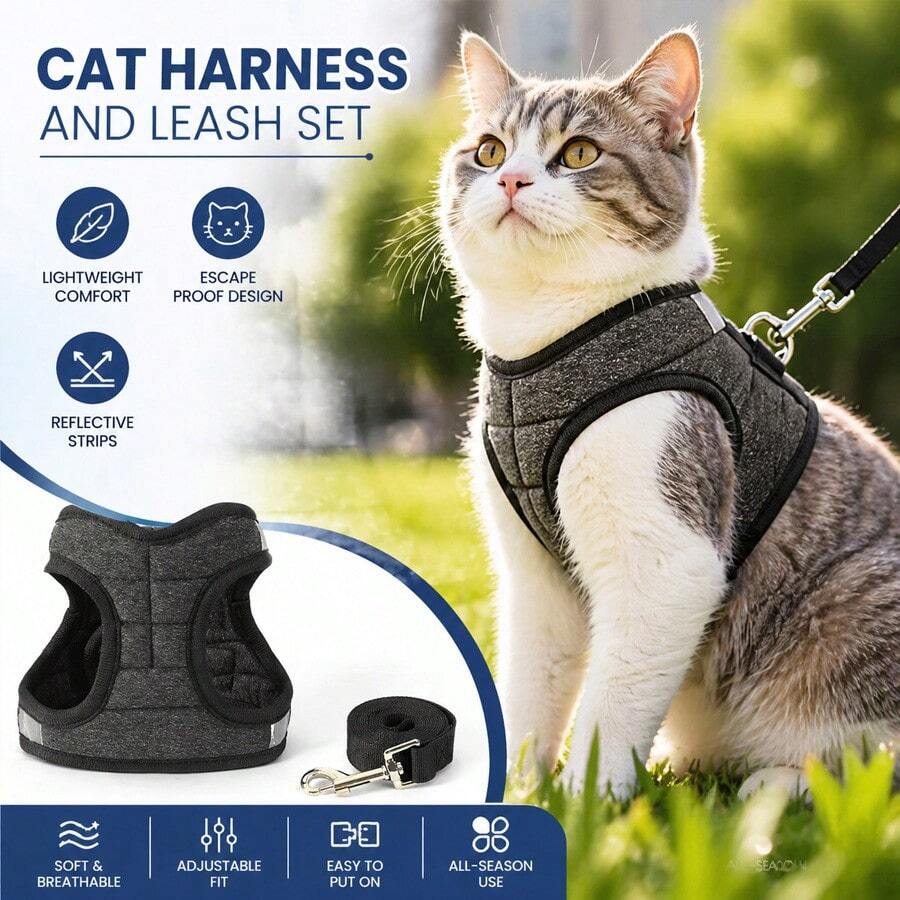 Soft Padded Cat Harness And Leash Set, Comfortable Vest-Style Cat Walking Harness, Suitable For Indoor Cats, Escape-Proof Safety Design, Random Color - Multicolor - View 1