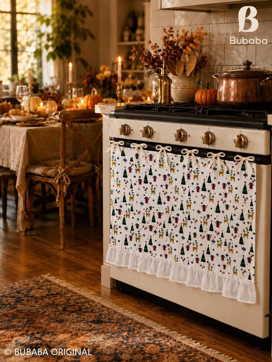 Bubaba Christmas Bowknot Oven Decorative Curtain - Printed With Reindeer, Christmas Tree And Gift Box Patterns, Holiday Style Kitchen Appliance Cover Curtain, Suitable For Oven Door, Cabinet And Small Window, Semi-Transparent Ruffle Edge Decorative Curtain (Due To Fabric Cutting, The Number Of Vertical Embroideries Is Randomly Sent As 5/6) - Christmas Reindeer - View 1