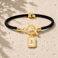 Initial Charm Black Rope Gold Plated Letter Bracelets For Women Men Toggle Closure Cubic Zirconia Tag - Yellow Gold - View 3