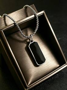 1pc Elegant Men's Stainless Steel Necklace With Exquisite Black Oil Drop Pendant, Unique Geometric Design, Suitable For Various Occasions - Black - View 5