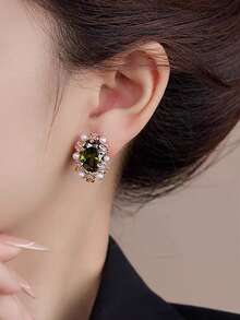 1 Pair Elegant Cubic Zirconia Geometric Flower Faux Pearl Stud Earrings, Suitable For Women's Party And Event Wear - Multicolor - View 5