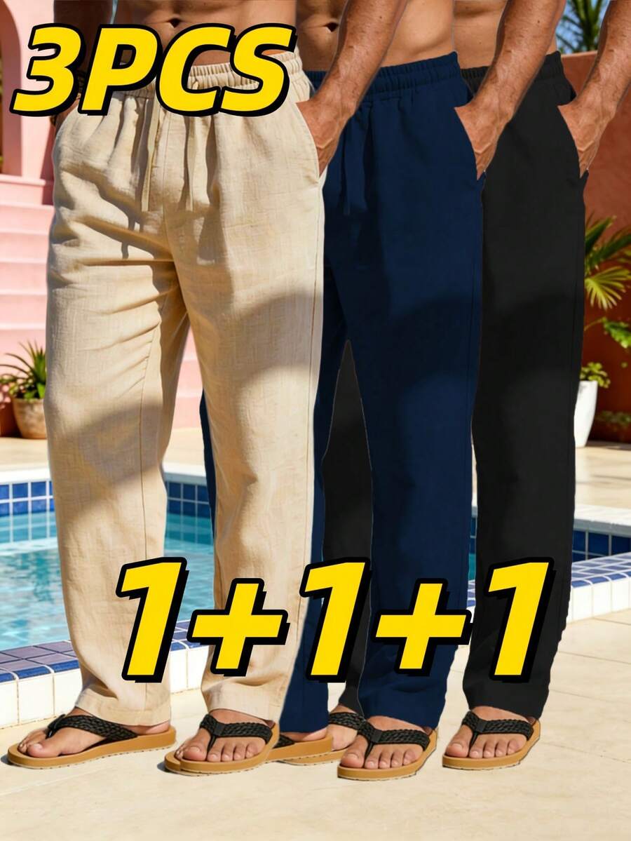 3pcs Men's Linen Straight Leg Casual Pants, Suitable For Daily Outdoor Casual Wear - Khaki - View 1