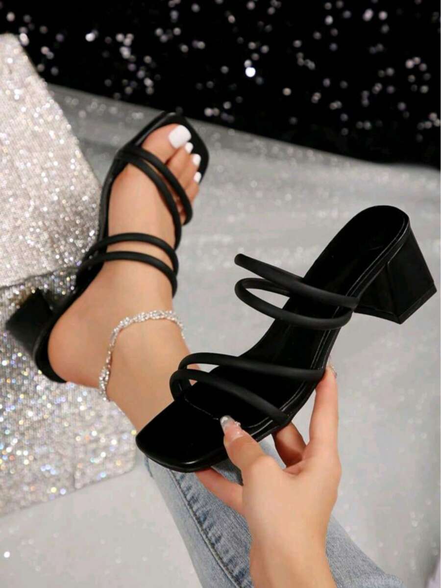 Elegantes tacones altos. Tacón de 6 cm. sandalias informales de tacón grueso. Diseño moderno de punta cuadrada y abierta, ideales para ocasiones formales como fiestas, San Valentín y cenas. - Negro - Ver 1