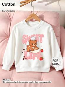 Tween Girl Crew Neck Sweatshirt, Sweet Life Chef Bear Baking Strawberry Graphic Print Soft Cotton Pullover For Tween Girl - White - View 1