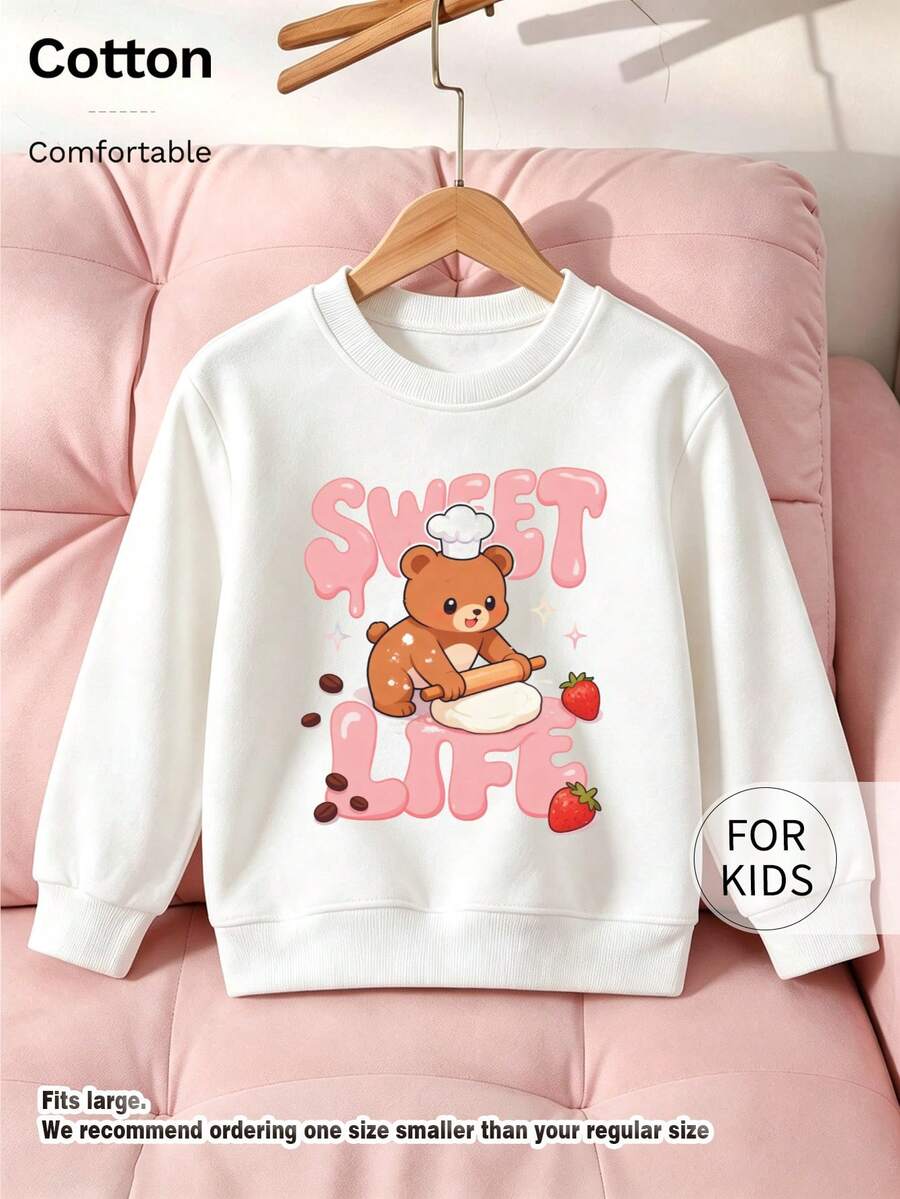 Tween Girl Crew Neck Sweatshirt, Sweet Life Chef Bear Baking Strawberry Graphic Print Soft Cotton Pullover For Tween Girl - White - View 1