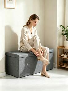 Foldable Storage Ottoman Bench, Linen Fabric Storage Box With Lid,Space-Saving Storage Box, Collapsible Footstool Seat With Storage For Bedroom Living Room, Easy To Clean,3 Sizes 3 Colors, Grey/Beige/Brown - Grey - View 2