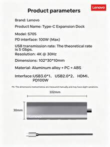 Lenovo S705 Type-C Docking Station To HDMI Cable, Aluminum Alloy Shell For Fast Heat Dissipation, Efficient Office Use, 4K 30Hz Screen Mirroring, PD 100W Fast Charging, Compatible With Desktop And Laptop - View 8