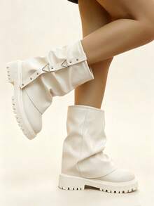 Y2K Ruched Stacked Mid-Calf Motorcycle Boots For Women, Rivet Triangle Buckle Strap Thick Platform Wedge Leg-Wrap Boots, Hot Girl Rider Boots - White - View 3