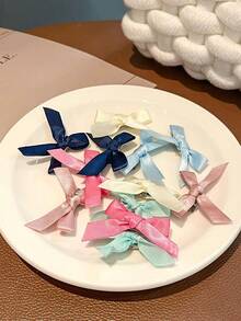 12pcs Macaron Satin Bow Hair Clips Set, Alligator Hair Clips For Girls, Princess Side Clips, Children's Hair Accessories Gift - Multicolor - View 2