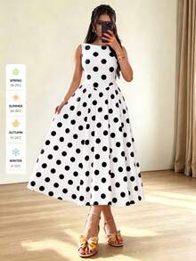 QIANZHIDU SUNSTORY Women's Autumn White With Black Polka Dot U-Shaped Backless Spaghetti Strap Cinched Waist Full Skirt Dress, Suitable For Wedding, Party, Outing, Country Music Concert - 黑與白 - 查看 8