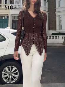 YIU LUMOS Women's Coffee Brown Lace Cardigan, Openwork Long Sleeve Button Front Relaxed, Vintage French Chic Top For Fall Winter Daily Office - Coffee Brown - View 1
