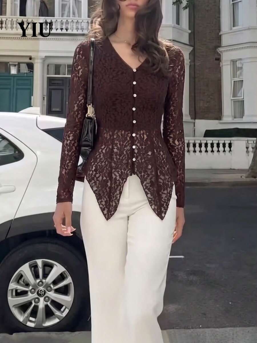 YIU LUMOS Women's Coffee Brown Lace Cardigan, Openwork Long Sleeve Button Front Relaxed, Vintage French Chic Top For Fall Winter Daily Office - Coffee Brown - View 1