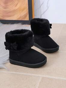 Fabric Bow Decoration, Black Plush Flanged Girls' Snow Boots, Winter Little Girls' One Foot Short Boots - Black - View 4