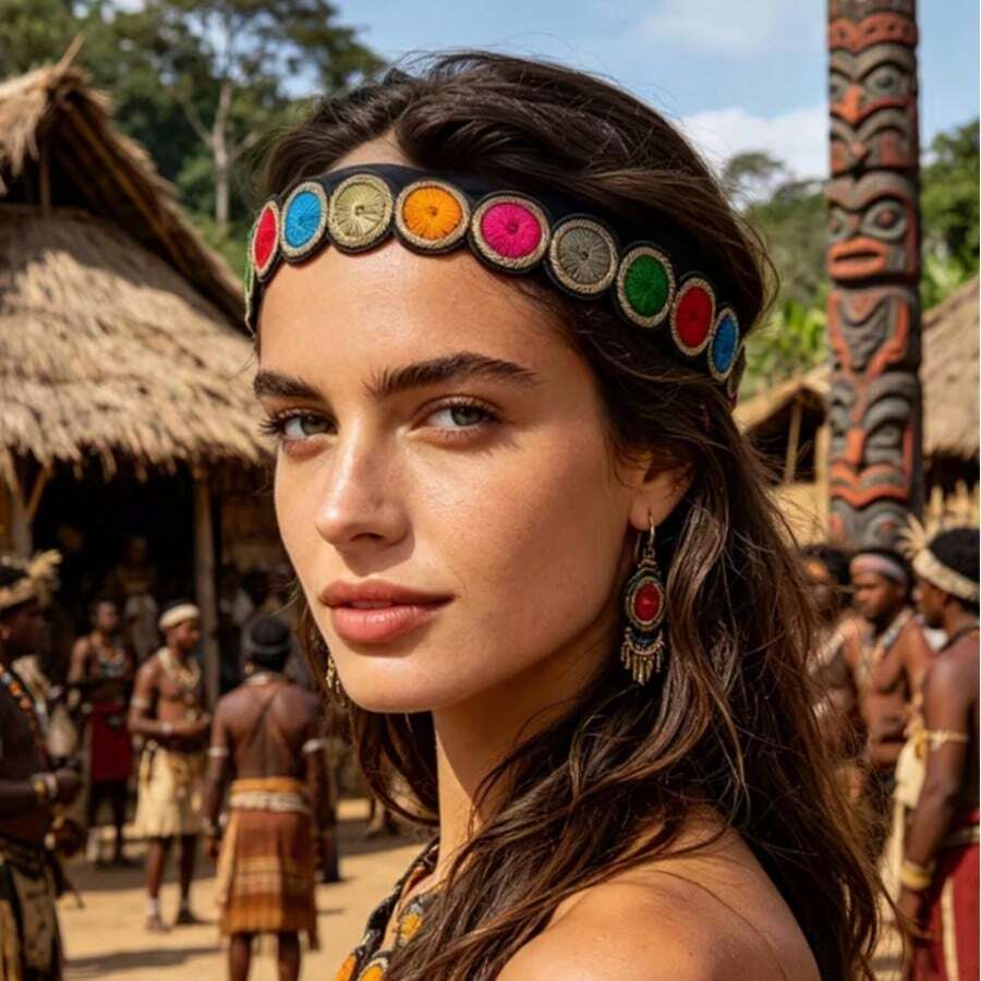 Bohemian Colorful Round Disc Embroidered Headband For Outdoor Travel Photography African Style - Multicolor - View 1