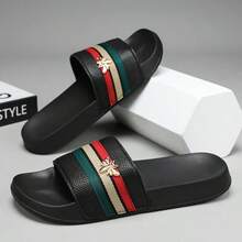 Men's Street Style Slide Sandals, Contrast Striped Straps With Metal Bee Decor, Open Toe Slip-On Casual Sandals For Indoor, Outdoor And Beach Wear - Black - View 2