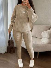 Women's Round Neck Ribbed Solid Color Casual Top + Elastic Drawstring Pencil Pants, Knit Pants 2 Pieces Set, Comfortable Winter Daily Outfit - Khaki - View 1