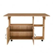 110x70x80 Cm Rectangular Folding Mobile Dining Table / Multifunctional Kitchen Island In Modern Style / With 5 Shelves And 5 Swivel Casters (4 Lockable) / Space-Saving / For Kitchen, Apartment, Office, Student Residence - Light Oak - View 4