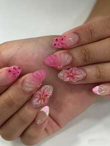 24片短杏仁形秋季美甲貼，粉色漸層法式3D粉末花朵波紋圓點設計，合金壓感穿戴式美甲，凝膠美甲套組（含1片果凍膠與1片美甲锉），適合女性日常、約會、派對 - 彩色 - 查看 8