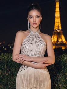 New Women's Sexy Sleeveless Spaghetti Strap Round Neck Heavy Rhinestone Fashion Fringe Elegant Wedding Formal Banquet Long Bandage Dress - Apricot - View 7