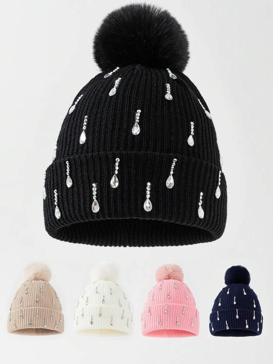1pc Women's Fashion Handmade Rhinestone Raindrop Heavy Embellished Pom Pom Knit Beanie Hat, Suitable For Autumn/Winter Daily Warmth And Travel Outfit - A - View 1