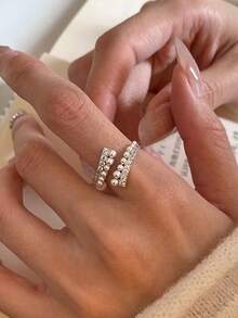 1pc Fashionable Luxury Cubic Zirconia Faux Pearl Open Ring Suitable For Women's Party And Gathering Wear - Silver - View 6