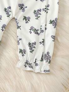 BrownBark 2pcs Baby Girls Autumn Floral Pattern Long Sleeve Romper Set With Sun Hat, Soft Comfortable Ruffle Collar Bowknot Crawler Outfit For Newborn Girls 0-18 Months - White - View 7