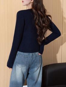 Alicedudu Women's Autumn/Winter Colorblock Letter Vintage Casual Slimming Round Neck Pullover Sweater - Navy Blue - View 2