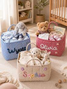 Personalized Quilted Baby Storage Basket, Customized Baby Baptism Gift, Neutral Nursery Toy Storage Bin - Multicolor - View 3