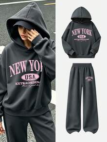 2pcs Set Suitable For Teen GirlRound Neck Sweatshirt And Wide Leg Pants Outfit, Pink English Letter Print Round Neck Sweatshirt And Wide Leg Pants Matching Set, Suitable For Autumn/Winter Wear, Campus Style, Homecoming Outfit - Multicolor - View 10