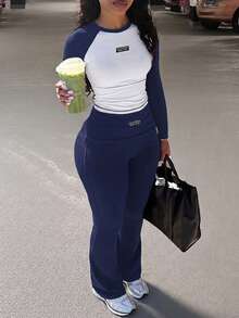 Women's Thin Colorblock 2 Pieces Set Casual Sporty Pants + Tight Top For Daily Wear And Home, Spring/Summer - Navy Blue + White - View 2