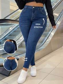 Fall Women's Plus Size Skinny Jeans With High Stretch Denim, Button, And Pocket Details Stylish Cropped Length - Blue - View 1