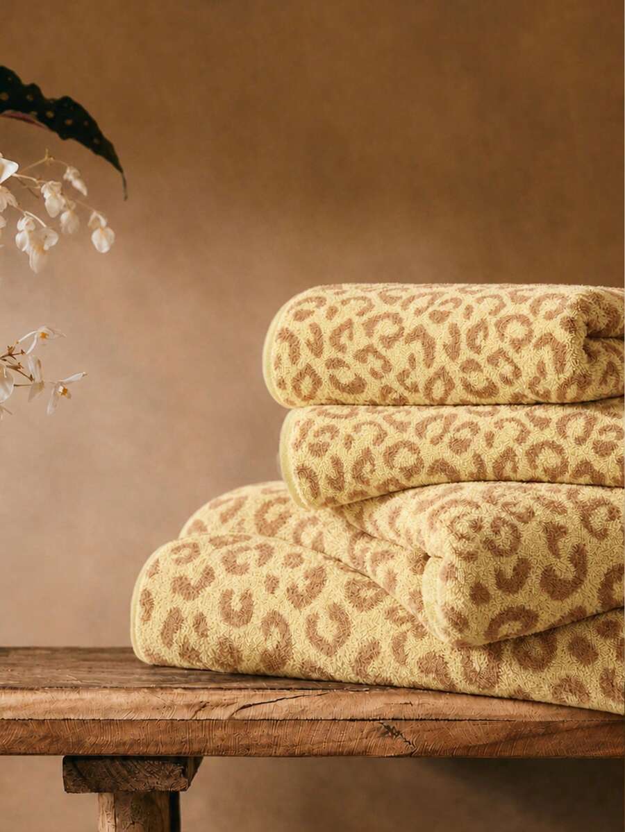 1pc&2pcs&3pcs Luxury Leopard Print Bath Towel Set - Printed Coral Terry Cloth, Ultra Soft Plush Towel, Ideal For Creating Bold Home Decor And Spa Environment - Yellow - View 1