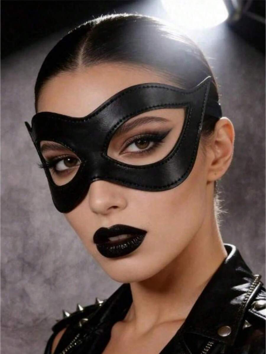 1 buah Topeng Setengah Wajah Mata Kucing, Topeng Kucing Kulit PU Hitam untuk Wanita, Cocok untuk Pesta Halloween dan Cosplay - MultiWarna - View 1