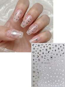 1pc 3D Silver Metallic Heart Star Moon Pattern Nail Stickers Y2K Punk ...