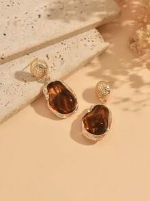 1 Pair Vintage Amber-Colored Faux Baroque Hammered Metal Earrings, Niche High-End Elegant Dangle Earrings For Women, Versatile For Daily Wear, Party And Date - Multicolor - View 3