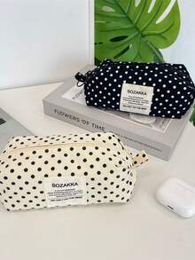 1pc Beige Background Black Polka Dot Canvas Pencil Case, Girls Style Stationery Storage Bag - Multicolor - View 10