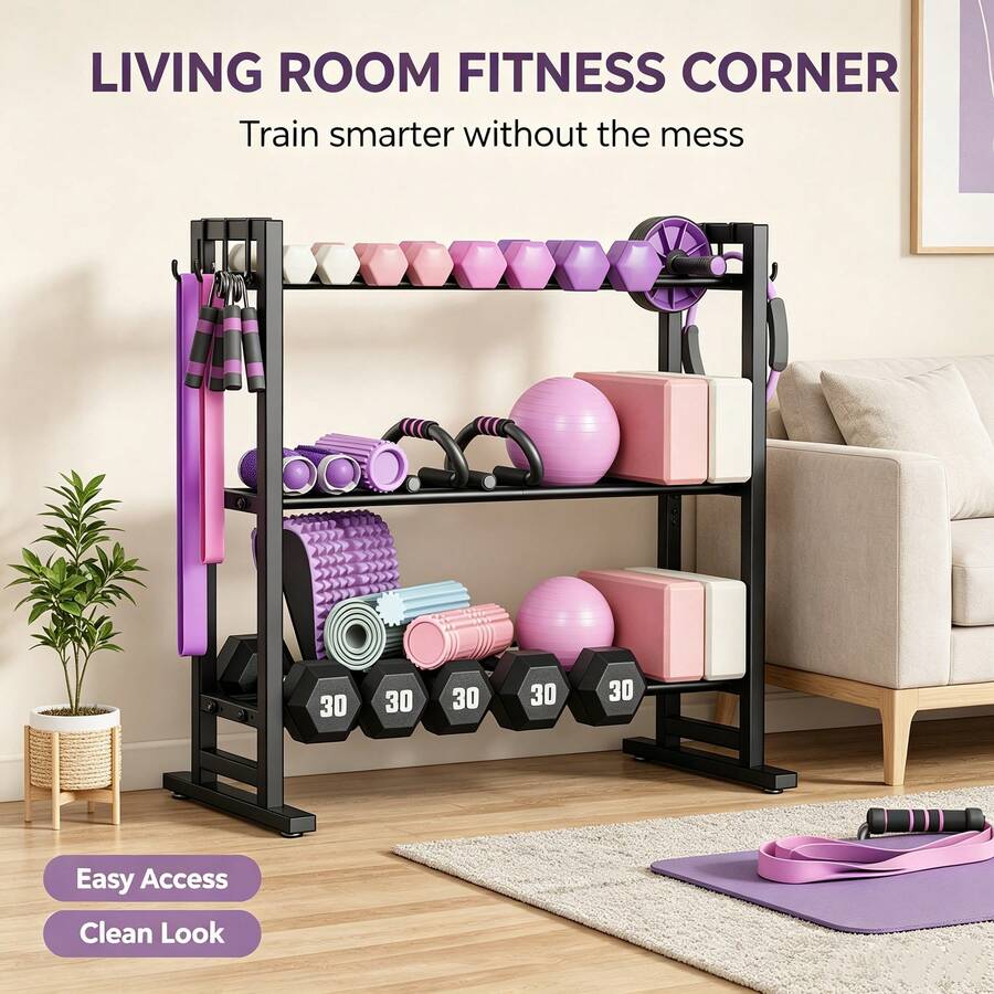 3‑Tier Adjustable Dumbbell Rack, Heavy‑Duty Weight Storage Organizer For Home Gym, Adjustable Width Dumbbell Stand, Space-Saving Organizer For Dumbbells, Kettlebells, Barbells & Plates(Rack Only) - Black - View 1
