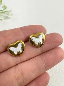 1 Pair/Sweet Cool Girl Style Stainless Steel Heart Butterfly Metal Earrings, Suitable For Women's Daily Commute, Minimalist Outfit Jewelry Gift - Multicolor - View 7